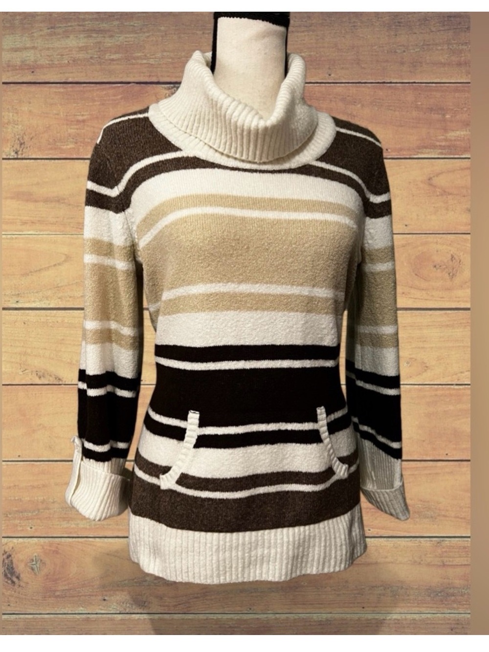 Style & Co. Striped Cowl Neck Knit Sweater Medium Neutral Kangaroo Pocket - Picture 4 of 14